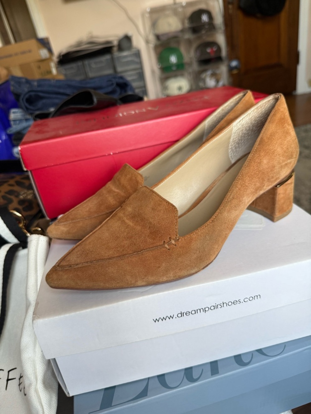 Women's Suede Pointed Toe Block Heel Loafers in Tan